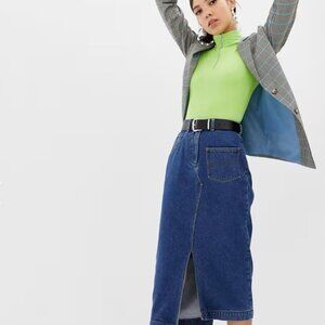 Asos COLLUSION Tall denim midi skirt in classic blue - Size 14